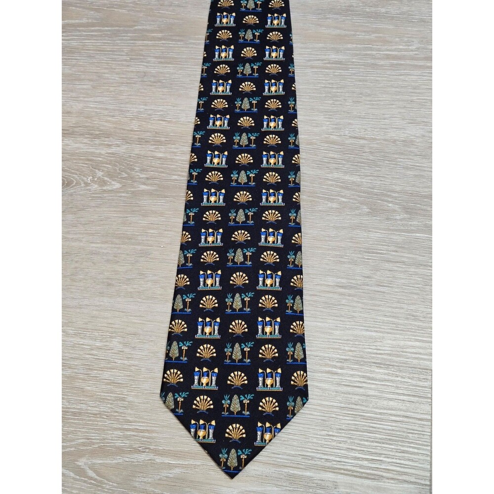 Paul Fredrick Italian Silk Geometric Palm Columns Pattern Navy Gold